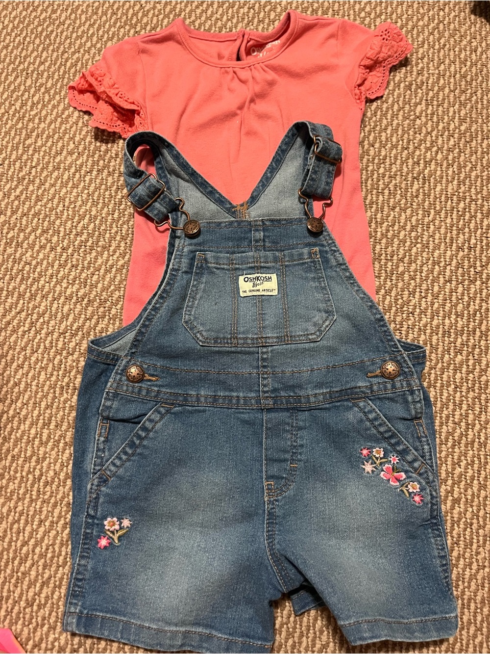 Girls 3T OshKosh B'gosh Denim Short Overalls with  Pink Tee set